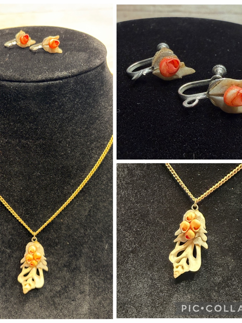 Antique 40s 50s Gold-Tone Necklace with Shell and Coral Accent Flowers